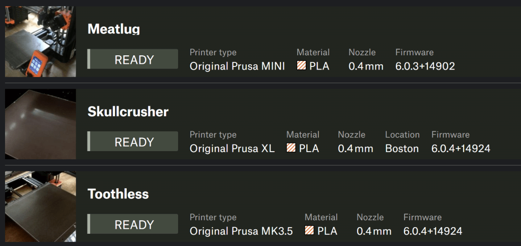Prusa Connect UI with live printer photos